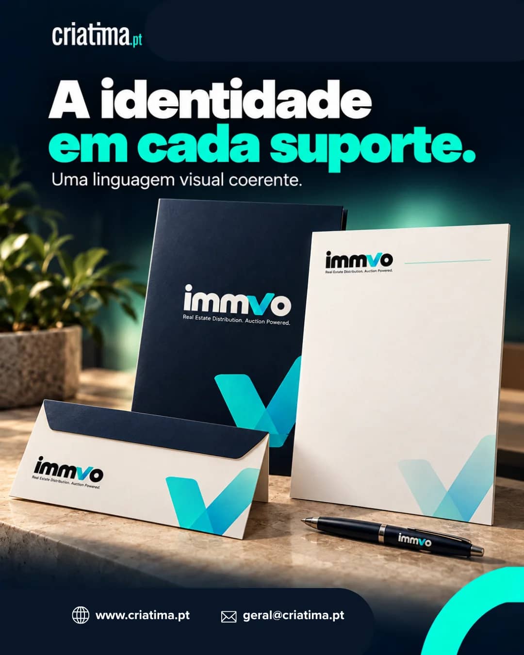 Immvo stationery: folder, letterhead, envelope and pen