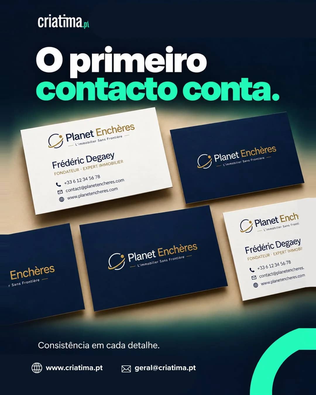 Planet Enchères business cards in white and navy