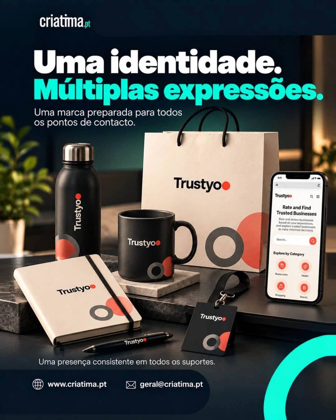 Trustyo merchandise: bottle, mug, notebook, bag, badge and the app on a phone