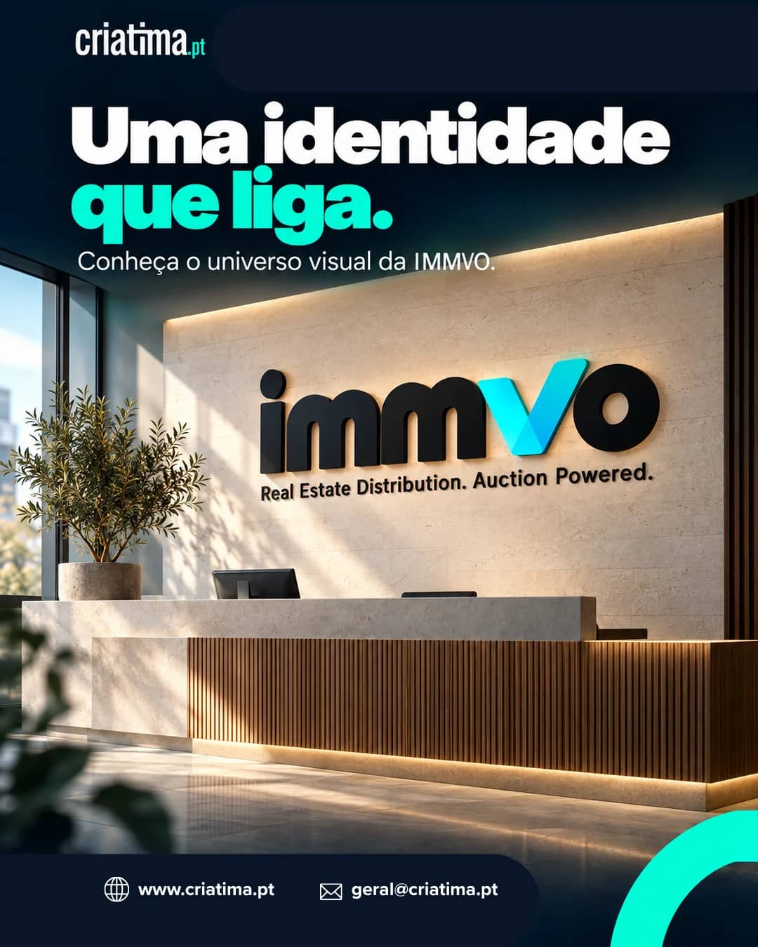 Reception desk with the illuminated Immvo logo on the wall
